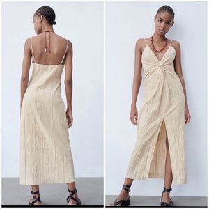 Zara neutral sand  textured knotted front slit dress adjustable straps 2022
